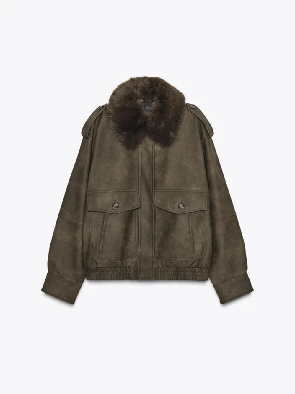ZARA Olive Green Faux-Suede Bomber Jacket with Fur Collar
